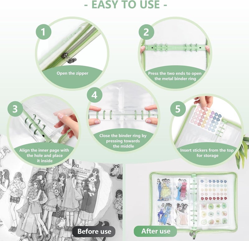 NOCAFI Sticker Organizer Binder Storage Book A5 Reusable Sticker Book Collecting Holder Display Album with 220 Pockets and Zipper Closure (Green) - Image 5